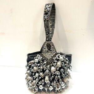 Carlisle Black Silver Wristlet Clutch Covered in Charms Pearls Sequins Couture!